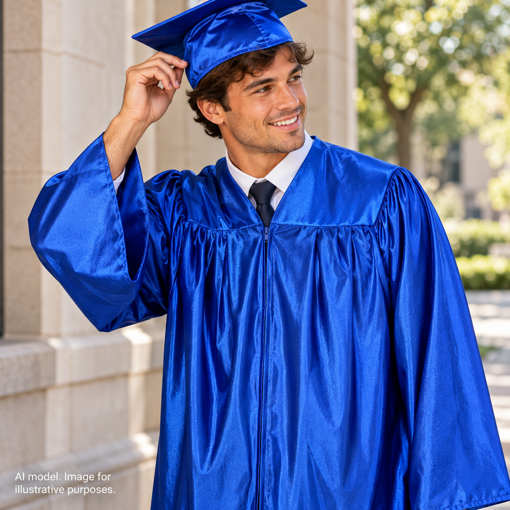 Graduation Cap Gown Men L/XL 6'3"-6'5" Royal Blue Mortarboard Costume Theater